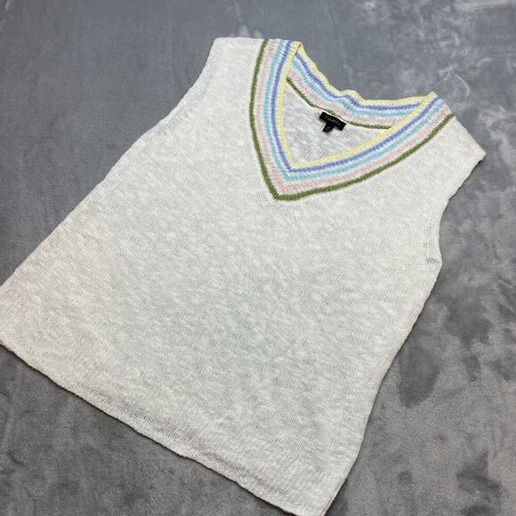 Talbots Linen Blend Sweater Vest Womens XS White Stripe V Neck Tennis Preppy - Picture 2 of 8